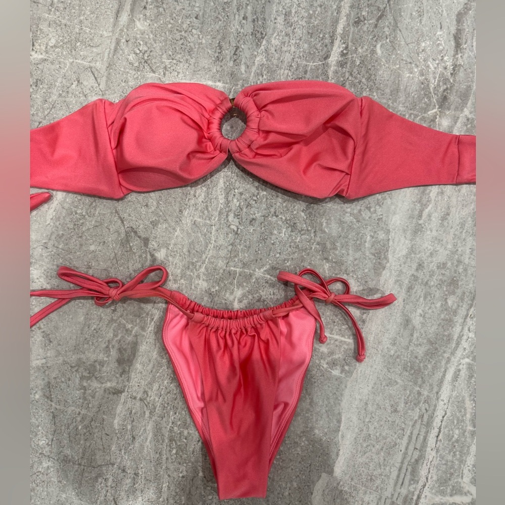 Women’s Pink Bandeau Bikini Set with Ring Detail - Picture 3 of 4